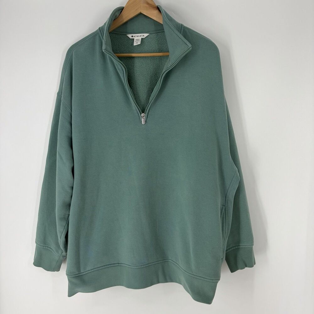 Athleta Forever Fleece Sweatshirt Size XL Womens Green 1/4 Zip Pullover Lounge